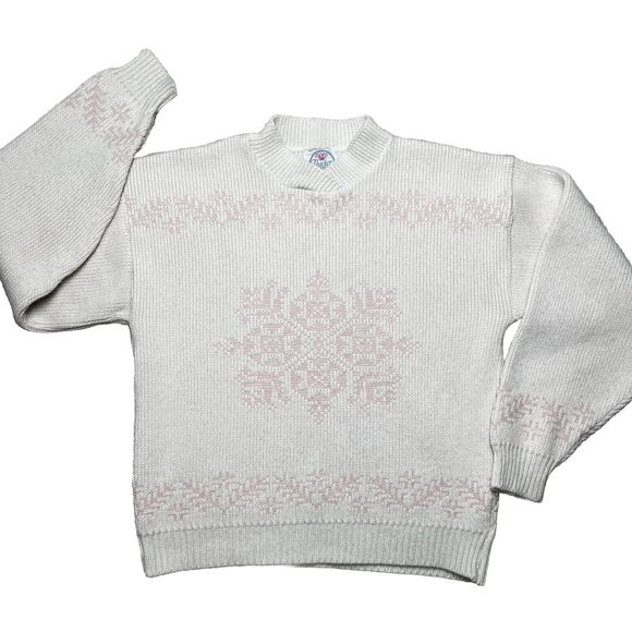Vintage Thackery Knit Nordic Snowflake Sweater Cream Pink Pullover Sz Medium - Picture 2 of 10